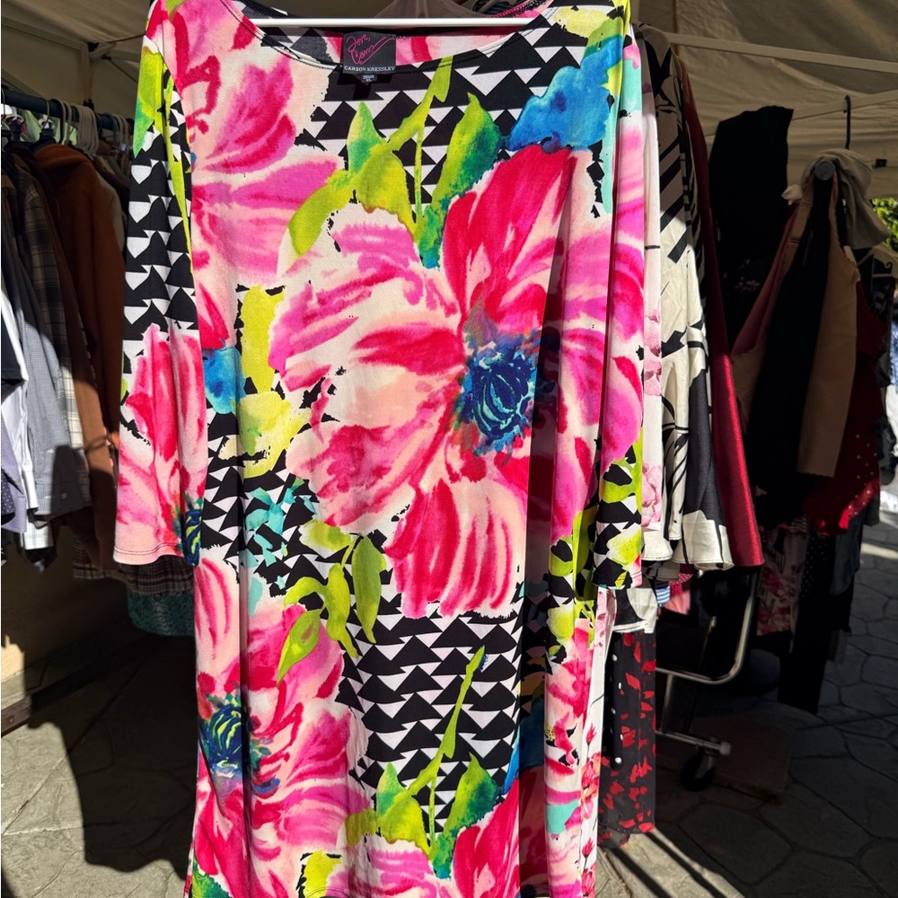 Floral Long Sleeve Dress with Bold Pink and Green